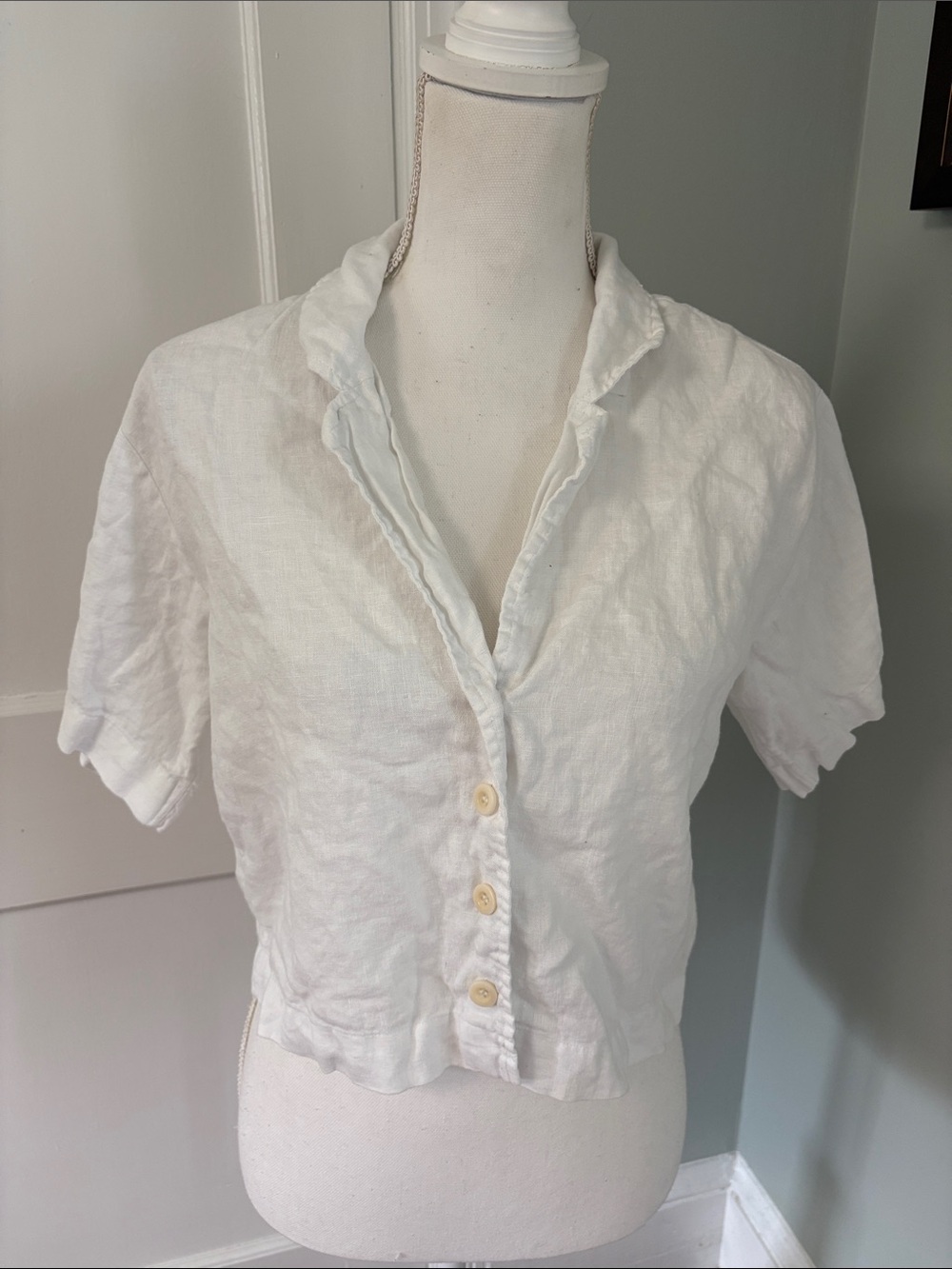 Madewell White Short-Sleeve Linen Button-Down Top Cropped size Small